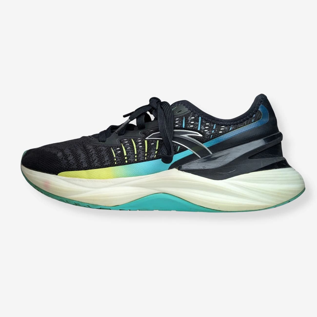 Anta A-tron 2.0 running shoes in black with vibrant blue and green accents, featuring a breathable mesh upper and cushioned sole for optimal comfort and performance. Ideal for athletes and casual wear.